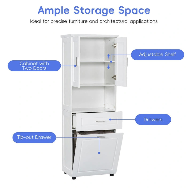 Meuble haut de salle de bain avec panier à linge, Grand espace de rangement, panier à linge inclinable et meuble de rangement supérieur, Blanc