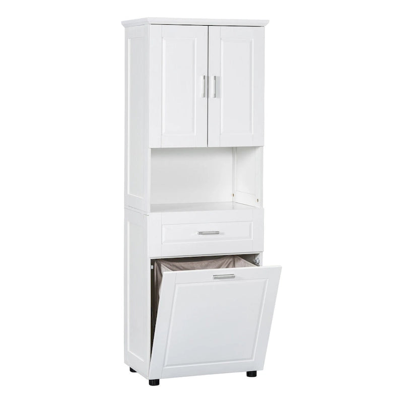 Meuble haut de salle de bain avec panier à linge, Grand espace de rangement, panier à linge inclinable et meuble de rangement supérieur, Blanc