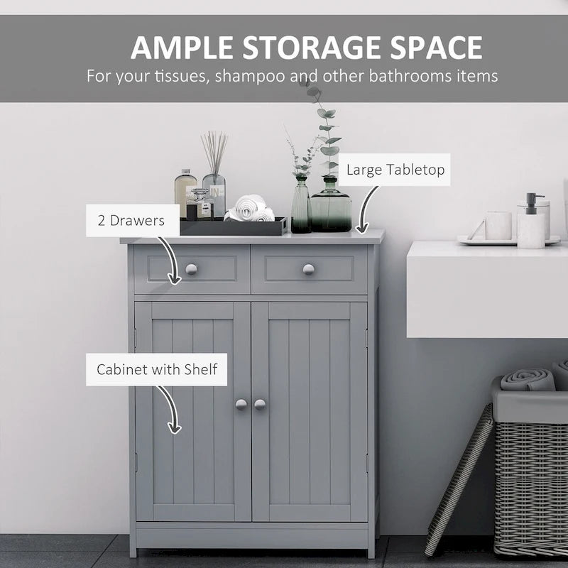 Meuble bas de salle de bain en bois avec 2 portes, 2 tiroirs et étagère réglable