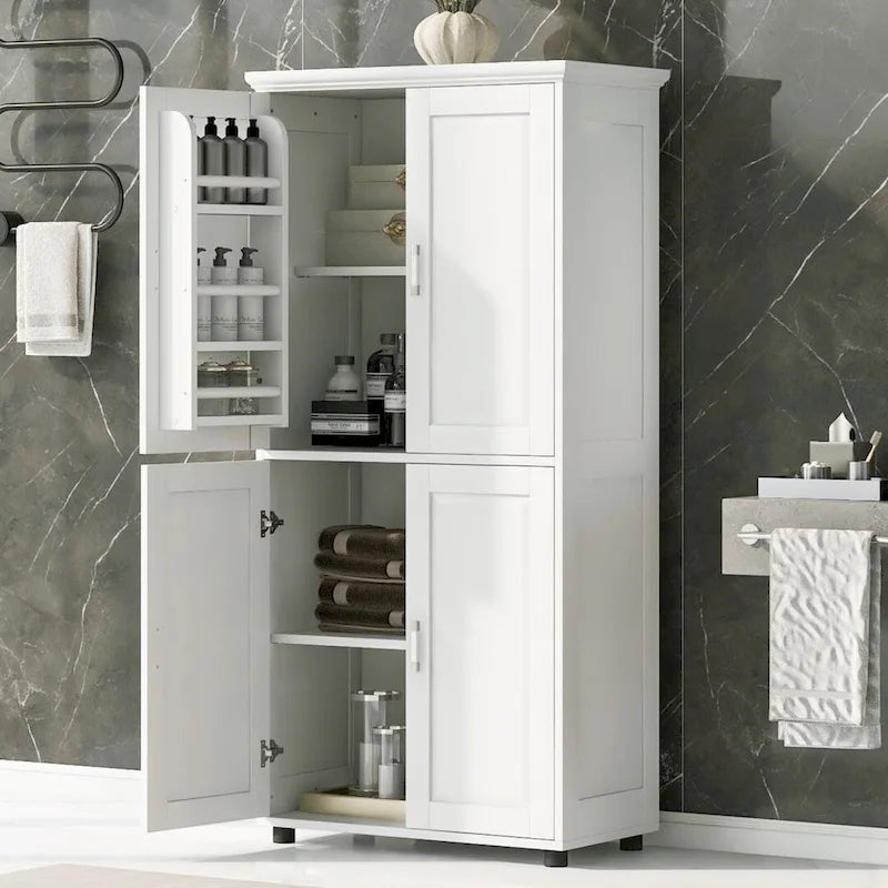 Meuble de Rangement Salle de Bain Haut et Large Meuble de Rangement Salle de Bain Autonome avec 4 Portes Étagères Réglables