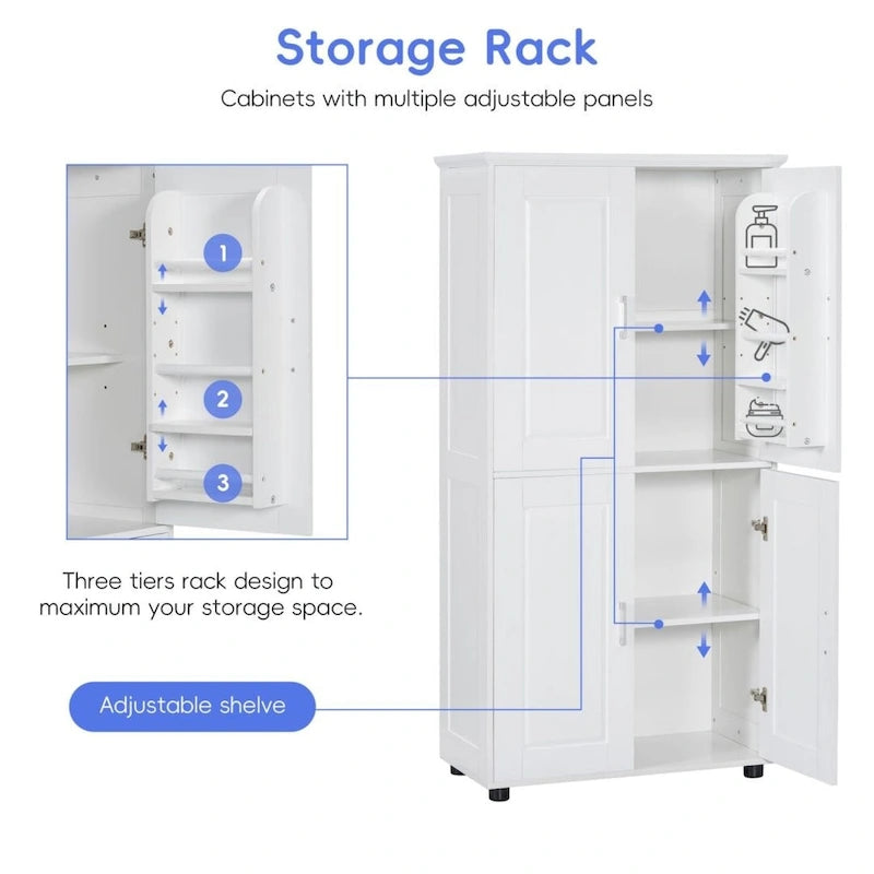Meuble de Rangement Salle de Bain Haut et Large Meuble de Rangement Salle de Bain Autonome avec 4 Portes Étagères Réglables