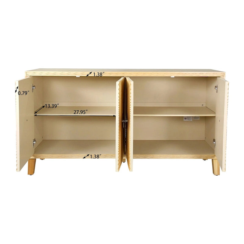 Armoire de rangement Vintage Naturelle à 4 portes avec motif sculpté, étagères réglables et grand buffet pour salon