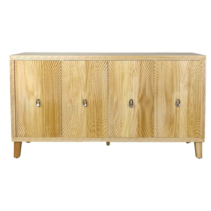 Armoire de rangement Vintage Naturelle à 4 portes avec motif sculpté, étagères réglables et grand buffet pour salon
