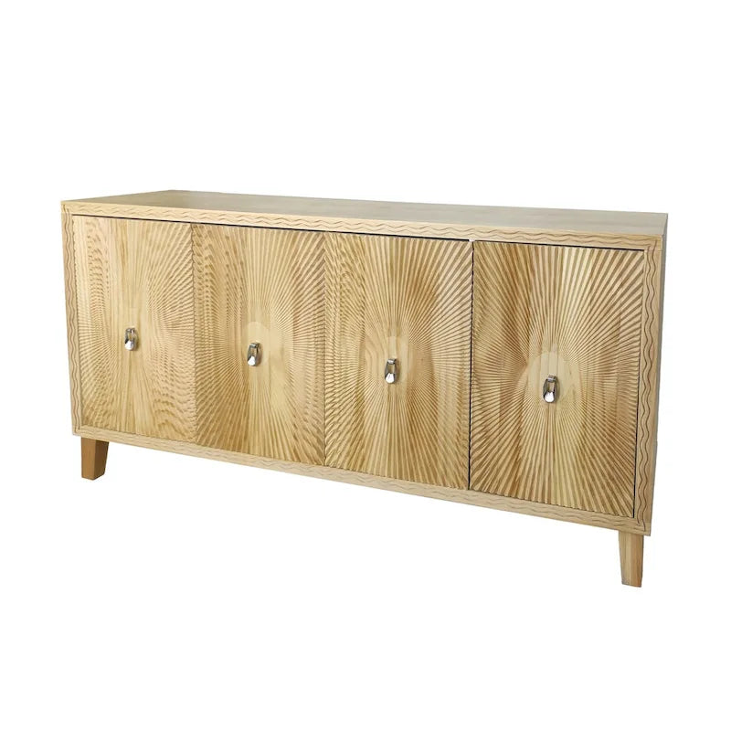 Armoire de rangement Vintage Naturelle à 4 portes avec motif sculpté, étagères réglables et grand buffet pour salon