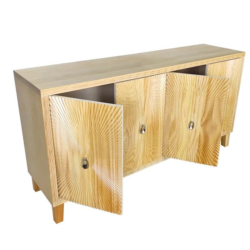 Armoire de rangement Vintage Naturelle à 4 portes avec motif sculpté, étagères réglables et grand buffet pour salon